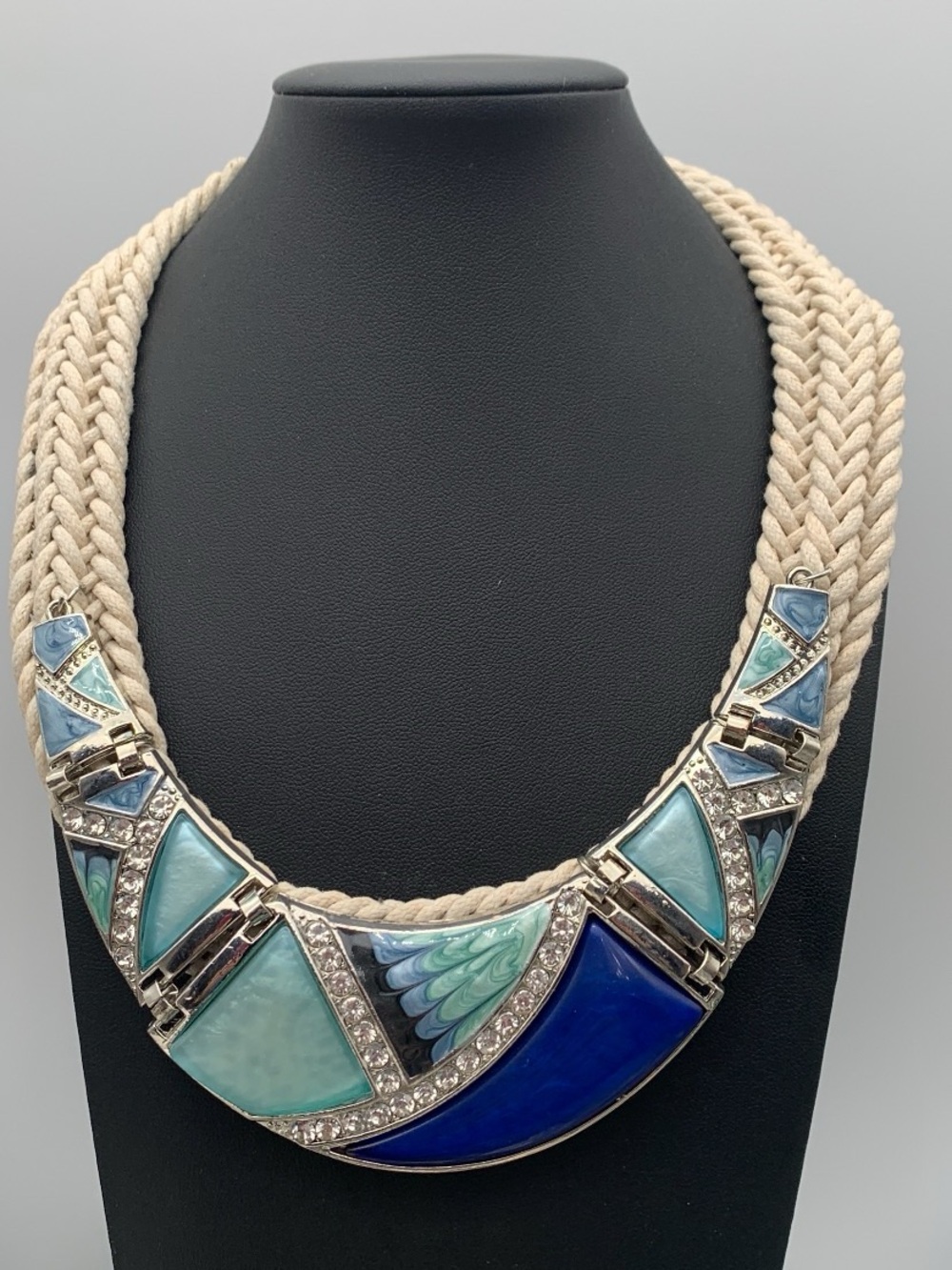 Vintage Statement Blue and Aqua enamel Bib Necklace on cord 14-16”